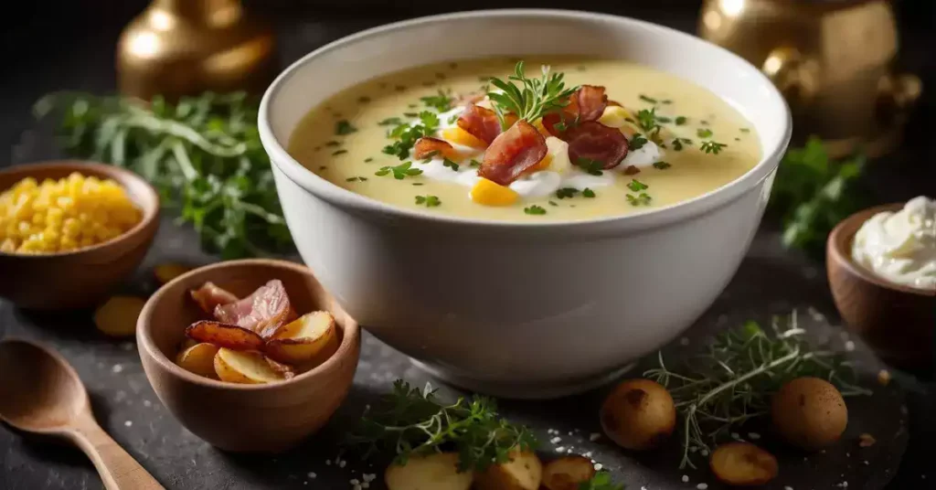 The German potato soup is surrounded by various flavorings and accompaniments.