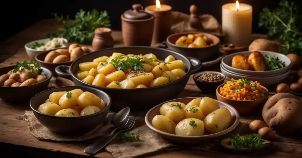 A table set with various traditional German potato dishes