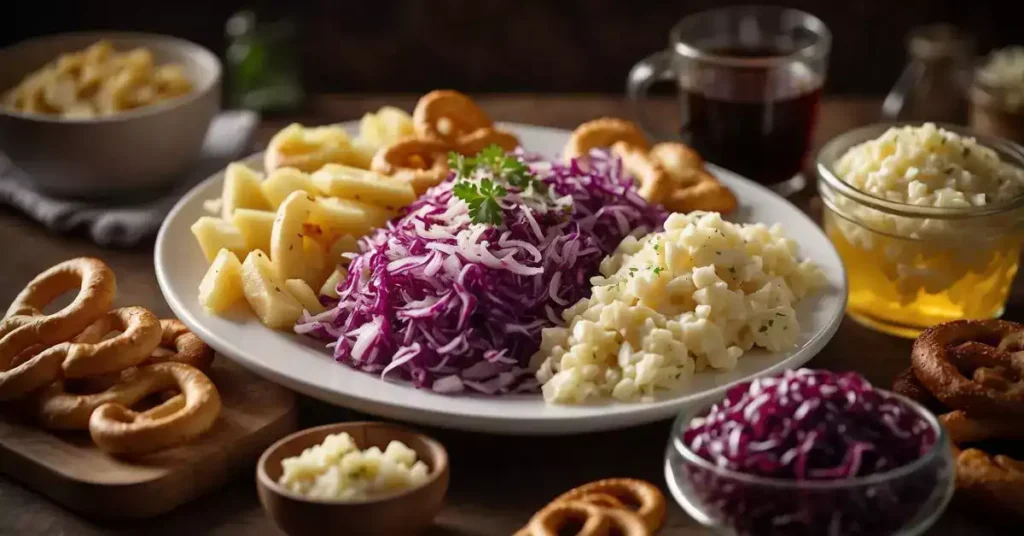 A table set with traditional German side dishes: sauerkraut, potato salad, red cabbage, and pretzels