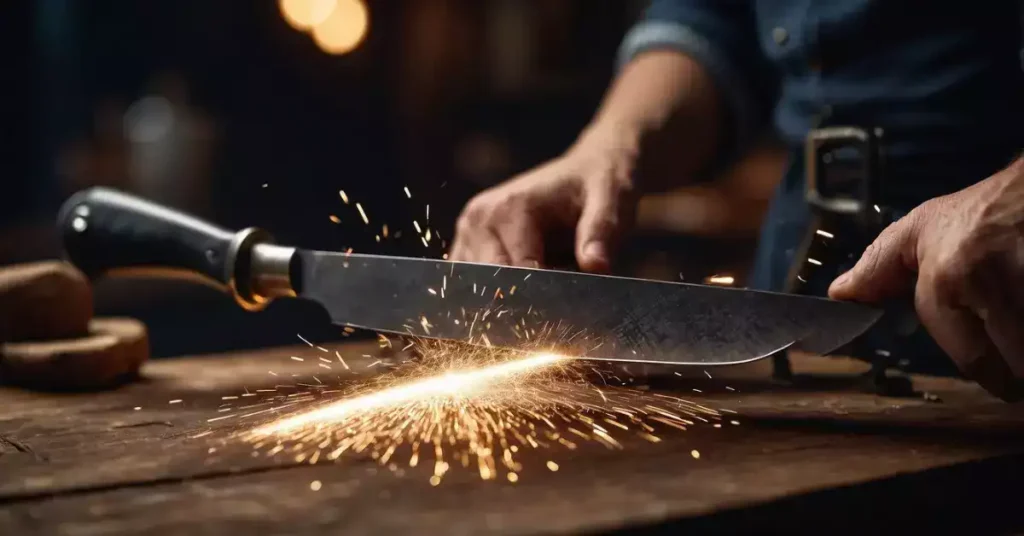 A dull knife being sharpened by the Bavarian Edge Knife Sharpener, with sparks flying as the blade is restored to a sharp edge