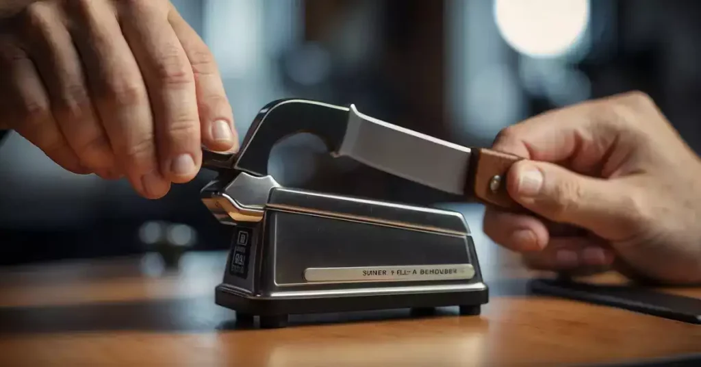 A hand placing a dull knife into the Bavarian Edge sharpener, with a thought bubble showing the considerations before purchase: durability, ease of use, and sharpness