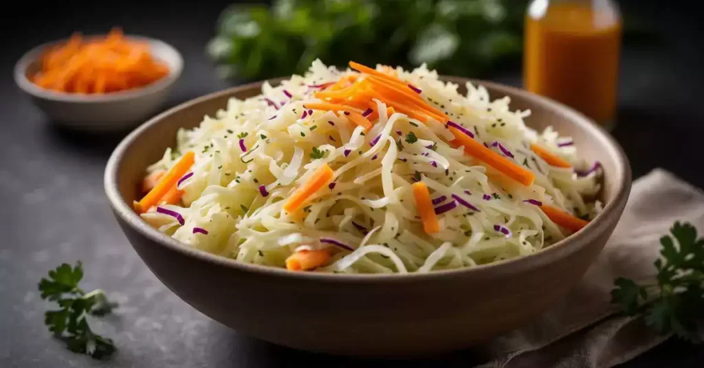 A bowl of shredded cabbage, carrots, and onions, mixed with vinegar, sugar, and mustard, ready to be served as German coleslaw