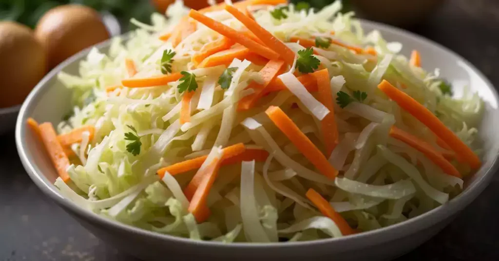 A bowl of German coleslaw with shredded cabbage, carrots,